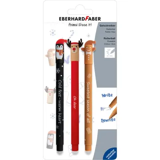 EBERHARD FABER 582120 - Tintenroller radierbar, 3 Animal Erase it Wintermotive, Gelschreiber blau 0,7 mm