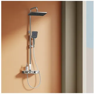EMKE Emke, Duschsystem, mit Thermostat Duschsäuleset, Kopfbrause + Handbrause + Glasablage, Chrom