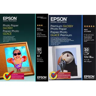 EPSON Foto Papier glänzend A4 50 Blatt 1er-Pack & Premium glossy photo paper inkjet 255g/m2 130x180mm 30 Blatt Pack
