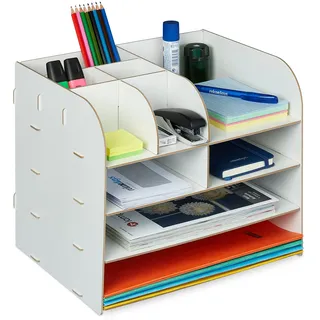 Relaxdays Schreibtisch Organizer mit Dokumentenablage, 10 Fächer, HBT: 27,5 x 32,5 x 25 cm, Büroorganizer MDF, Weiß