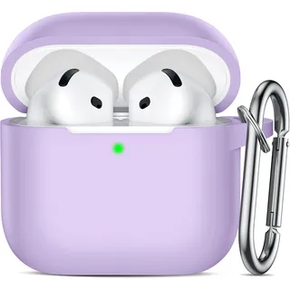 Ouwegaga Hülle Kompatibel mit Apple AirPods 4 Hülle 2024 - Weiches Silikon Schutzhülle für AirPods 4 Case, Stoßfeste Hülle für AirPods 4 Generation, Front-LED Sichtbar, Mit Karabiner, Lavendel