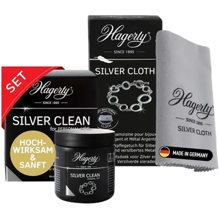Hagerty Set Silver Clean Schmucktauchbad + Silver Cloth Schmuck Reinigungstuch für Silberschmuck und versilbertem Schmuck I Effektiver Schmuckreiniger und Poliertuch für erneuerten Glanz und Pflege