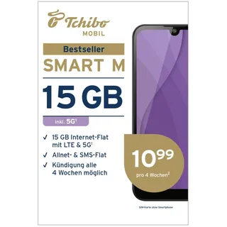 Tchibo MOBIL Smart M SIM-Karte | 15 GB Datenvolumen + Allnet- & SMS-Flat | Surfen mit LTE/5G | Nur 10,99 € alle 4 Wochen | Ohne Lange Vertragsbindung | EU-weites Roaming