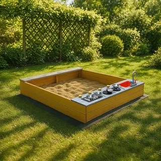 Home Deluxe Sandkasten COOKY – Natur | Holz-Sandkasten mit Spielküche für kreativen Spielspaß - Braun