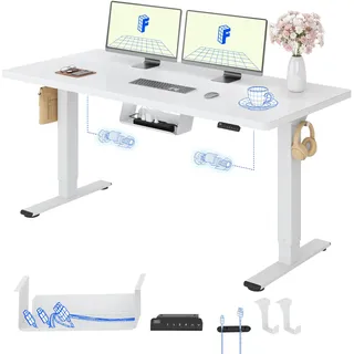 FlexiSpot Höhenverstellbarer Schreibtisch mit 2 Motoren & 25MM einteiliger Tischplatte,ergonomischer Bürotisch - 140 x 80 cm Weiß, weißes Gestell