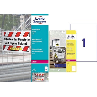 AVERY Zweckform 3487 Wetterfeste Folien (A4, 210x297 mm, 100 Folien auf 100 Bogen) weiß & L4775-20 Wetterfeste Folienetiketten (20 Klebeetiketten, 210x297mm auf A4) 20 Blatt, weiß
