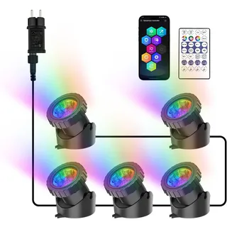 NATPOW Teichbeleuchtung LED Unterwasser, Unterwasserbeleuchtung RGB Unterwasser Teichlicht mit Bluetooth APP Fernbedienung, IP68 wasserdicht, Gartenbeleuchtung für Garten, Patio, Baum(5 in 1)
