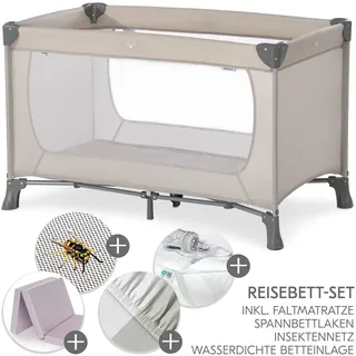 Hauck Reisebett XXL-Sparset - Dream`n Play inkl. Alvi Reisebett-Matratze + Wasserdichte Betteinlage + 2 Spannbettlaken + Insektenschutz - Beige