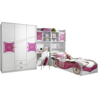 Rauch Möbel Kate Kinderzimmer Mädchenzimmer, Weiß / Motiv Prinzessin, Rosa, Gold, Set bestehend aus Kleiderschrank, Bett, Schreibtisch- und Bettschrank, Gesamtmaße BxHxT 326x199x238 cm