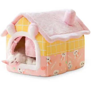 ALLSOPETS Hundehaus für Drinnen, Faltbare Hundehöhle und Katzenhöhle, Warmes und Gemütliches Hundehaus Indoor, Waschbares Haustierbett mit Abnehmbarem Kissen (Rosa Häschen, L)
