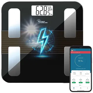 newgen medicals Personenwaage Solar: Smarte Solar-Akku-Körperfettwaage aus Glas, mit App, LCD, bis 180 kg (Personenwaage mit Akku, Glas, Scale)