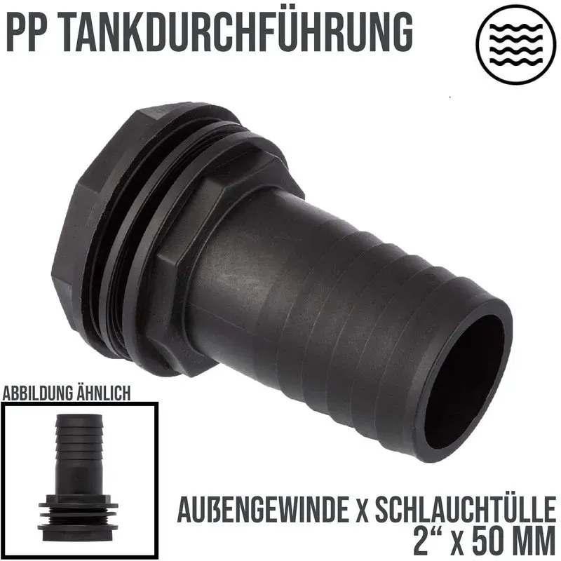 2 x 50 mm Tank Regentonne Durchführung Außengewinde x Schlauch Tülle - PN 6 bar"