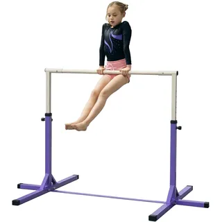 Homcom Gymnastik-Turnreck, 13-stufig höhenverstellbar Reckstange, Reck Turnstange aus Holz & stabile Stahlkonstruktion bis 75 kg belastbar, für 3+ Kinder, Indoor, Outdoor, Violett