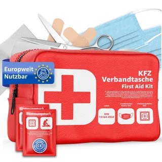 Verbandstasche KFZ Norm 2026 mit Beatmungstücher - Verbandskasten Auto - DIN13164:2022 - Erste Hilfe Set - Verbandskasten StVO konform (Rot)