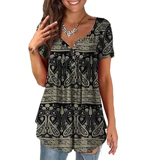 Baina Women's T-Shirt with Floral Print, V Neck Summer Top, Casual, Loose, Plus Size Tunic Tops for Women, Long Shirt, Oversize Blouse with Short Sleeves, M - 4XL Size,Schwarz,4XL - 4XL