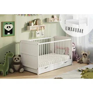 Kids Collective Babybett 60x120 mit Schublade, Gitterbett, Kinderbett, höhenverstellbar & herausnehmbare Sprossen optional mit Matratze | weitere Größen: 70x140cm | 60x120cm: von Geburt bis 3. Lebensjahr, Weiß