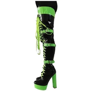 WILDKATZEN Damen Schnürstiefel Plateau Overknee Boots Blockabsatz Lack Zweifarbig Stiefel mit Riemen Schnallen Grün Schwarz 40 EU - 40 EU
