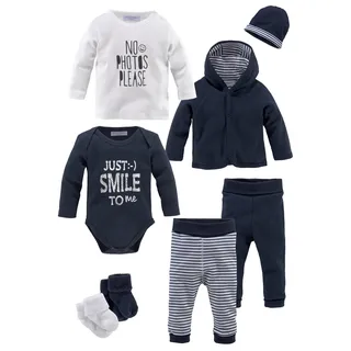 Kidsworld Starterpaket "8tlg. Baby-Set", Jungen, Gr. 62/68, blau (marine, weiß), Interlock, Obermaterial: 100% Baumwolle. Söckchen: 95% Baumwolle, 5% Elasthan. Bündchen: 95% Baumwolle, 5% Elasthan, Basic, KOB Set-Artikel Erstausstattungspaket, aus Bio-Baumwolle