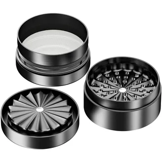 Premium Toothless Grinder Hollywood 2.0 Schwarz UV | Zahnlos | Aluminium in Raumfahrtqualität | 4 – teilig | Blüten (Flower) Mühle (Mill) | Inkl. Feinsieb & Pollenfach | Original California's Choice