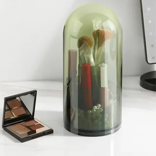 Navaris Make Up Pinsel Organizer drehbar - Schminktisch Kosmetik Aufbewahrung - transparente Box mit Griff und Perlen - Bad Organizer für Schminke - Grün