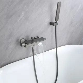 Badewannenarmatur Wasserfall Armatur Badewanne Mischbatterie mit Brause Wannenarmatur,Wannenarmatur Wasserfall,Armatur Badewanne Set, Messing badewannenarmaturen (grau)