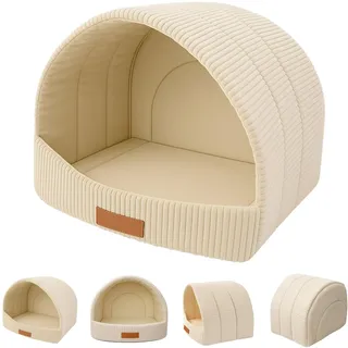 Leanbe Gemütliche Hundehöhle aus Cord, Personalisierbare Katzenhöhle mit Namensgravur, Beige, Gewölbte Form, Weicher Schlafplatz für Haustiere (Beige, R3: 55 x 47 x 39 cm)