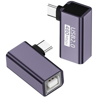 QIANRENON USB C auf USB B 90° Winkel Drucker Anschluss USB C Stecker auf MIDI Buchse E Instrument Rechter Winkel Adapter, 480Mbps 20W Aufladen, Al Gehäuse, für Elektronische Klaviere Drucker, 2Pcs