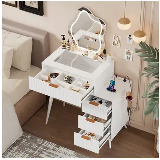 TWSOUL Schminktisch mit dimmbarer LED-Beleuchtung 4 Schubladen Glasplatte Steckdosenleiste, Schlafzimmer-Kommode mit 6 Einlegeböden, 80*40*128cm weiß