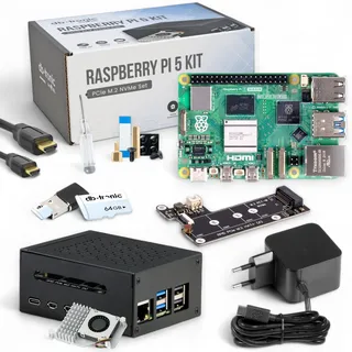 Raspberry Pi 5 16GB RAM PCIe M.2 NVMe - Set | Metallgehäuse | Active Cooler | M.2 NVMe SSD PCIe Board | Offizielles USB-C 27W Netzteil | 64GB Edition | 4K Micro HDMI