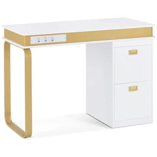 Barberpub Schreibtisch mit Schubladen für Nagelstudio, Manikürtisch mit 3 Steckdosen, Schminktisch ohne Spiegel Weiß-Gold, Nageltisch aus Holz Metallgestell,