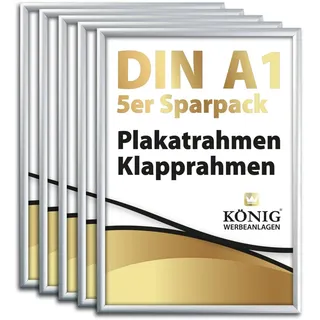 5 Plakatrahmen DIN A1 | 25mm Aluminium Profil, Silber | inkl. entspiegelter Schutzscheibe | Alu Klapprahmen Wechselrahmen Posterrahmen | 5er Sparpack | Dreifke®