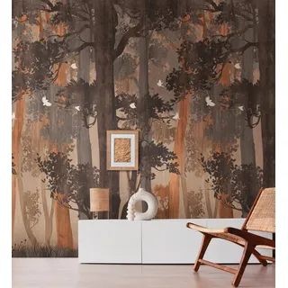 Newroom Vliestapete, [ 2,8 x 1,59 m ] großzügiges Motiv - kein wiederkehrendes Muster - nahtlos große Flächen möglich - Fototapete Wandbild Wald Bäume Vögel Made in Germany, Wandbild, Tapete braun