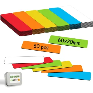 60 Stück Magnetetiketten Beschreibbar 60x20mm, Magnetstreifen Beschreibbar Bunt, Abwischbare Magnetschilder, Magnet Etiketten für Whiteboards, Kühlschränke, Magnettafeln, Klassenraum