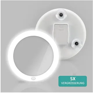EMKE Kosmetikspiegel mit beleuchtung mit 5 fach Vergrößerungsspiegel, mit Saugnapf, Tragbarer Wandspiegel Batteriebetrieben, Weiß weiß Ø 16.5 cm