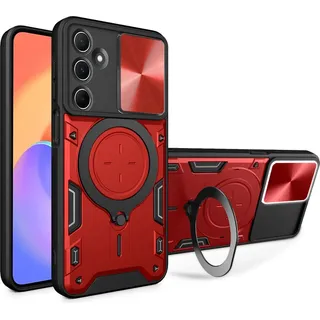 Handyhülle für Samsung Galaxy M35 Dual-Layer Stoßfest Rüstung Hülle mit Dia Kameraschutz und Kreisförmig Ring Ständer Rot - Rot
