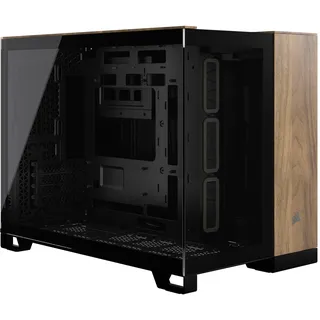 Corsair 2500X Small-Tower mATX-Doppelkammer-PC-Gehäuse – Gehärtetes Panoramaglas - Umgekehrte Verbindung Motherboard-Kompatibel – Keine Ventilatoren Inbegriffen – Schwarz/Walnussholz