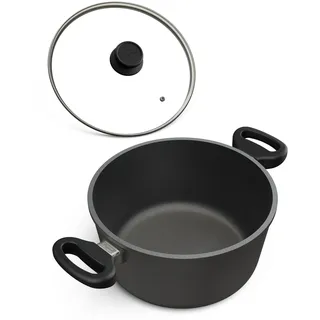 Hoffmann Aluguss Bräter Rund 11 cm Innenhöhe Ø 20 cm I 2,5 Liter I Elektroherd Induktionsherd Ceranfeld Gasherd I Hohe Schmorpfanne mit Glasdeckel