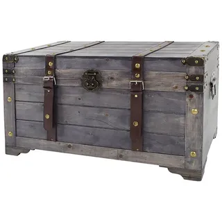 Kobolo Truhe KUBA, 70x35x38 cm, grau, Vintage Holztruhe mit Deckel & Stauraum, rustikale Aufbewahrungstruhe im Schatztruhendesign mit Metall- & Kunstlederapplikationen