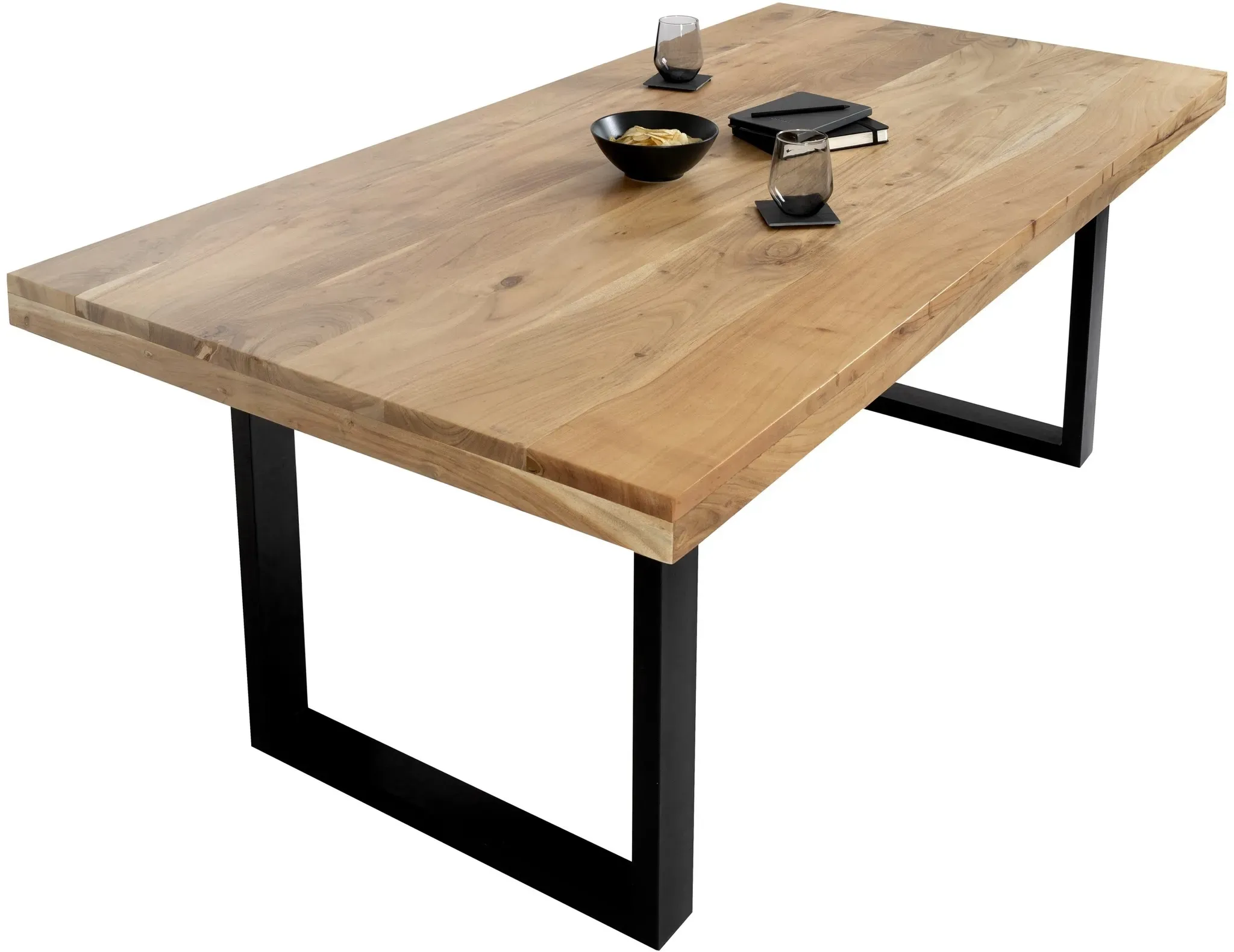 Esstisch Akazie Natur 200 x 100 cm massiv gerade Tischkanten U-Gestell schwarz RIO