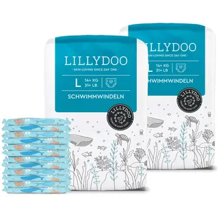 LILLYDOO hautfreundliche Einweg-Schwimmwindeln für Babys, Größe L (14+ kg), 2 Packungen (34 Stück) mit Unterwasser-Design, Windeln für sicheren Schutz im Wasser