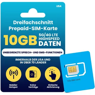H2O Wireless 30-Tage Prepaid-SIM-Karte USA mit 10 GB Highspeed-​​4G LTE/5G Daten und 5 GB mobilem Hotspot, unbegrenzte Daten, internationale Gespräche und SMS, dreifach geschnittene US-Mobil-SIM-Karte