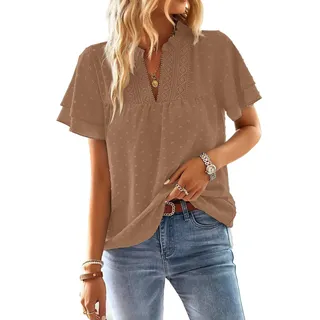 TUUHAW Tunika Damen Sommer Boho Bluse Kurzarm Top Oberteile Fließend Spitze Rüschen Süß Elegant V Ausschnitt T Shirt Lässig Outfits Frühling Spitze Herbst Lässige Kleidung Hellbraun XL - XL