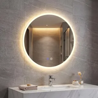 Costway Runder Wandspiegel mit Beleuchtung, Badspiegel mit 3 Lichtfarben, stufenlose Dimmung, Anti-Beschlag Badezimmerspiegel,60 cm