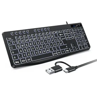 OMOTON Beleuchtete Tastatur Kabel PC Tastatur, QWERTZ Weiß Beleuchtet mit großem Druck, 2 in 1 USB A/C- Für Senioren, Kinder, Sehbehinderte für Windows mit Multimedia-Tasten(Schwarz)