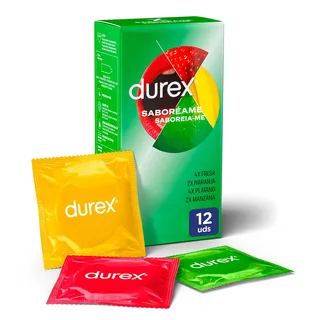 DUREX - „Saboreame“-Kondome mit fruchtigen Geschmacksrichtungen - Erdbeere, Banane, Orange und Apfel - 12 Kondome