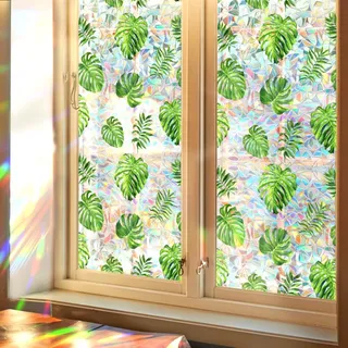 GORGECRAFT 100x43cm Große Statische Sichtschutzfolie Für Fenster In Regenbogenfarben 3D Fensterfolie Mit Grünen Palmenblättern Prisma Dekorativ UV Beständig Sonnenblockierend Fleckige Abziehbilder