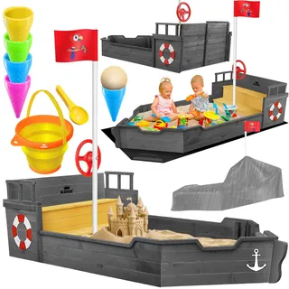 Kidiz KIDIZ® Sandkasten Ahoi Piratenschiff Boot Segelschiff aus Holz Inkl. Abdeckung, Bodenplane, Sitzbank, Flaggenmast, Sandspielzeug Große Kinder Sandkiste für den Garten Outdoor Sandbox