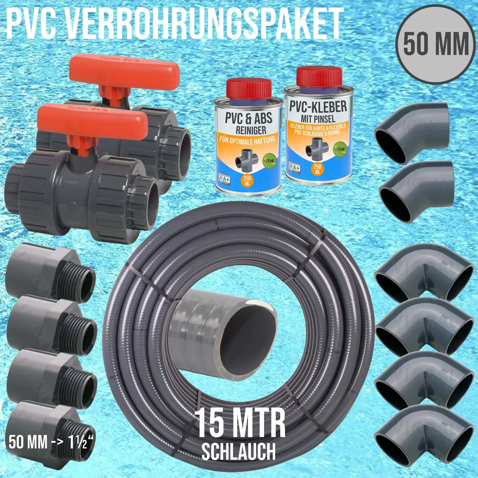 50 mm PVC Klebe Fittings Verrohrungspaket Pool Schwimmbad Schlauch FLEX (1 1/2)..."
