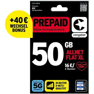 Congstar Prepaid ALLNET XL 55 statt 50 GB Datenvolumen & Flatrate für Telefonie und SMS 5G-Speed, EU-Roaming