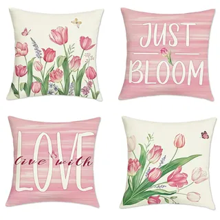 4 Stück Outdoor Kissenbezug Wetterfest, Kissenbezug 45x45 Frühling Blumen Tulpen, Deko Kissen Rosa Kissenhülle Leinenoptik, Outdoorkissen für Sofa Garten Balkon Wohnzimmer, Landhausstil Dekoration